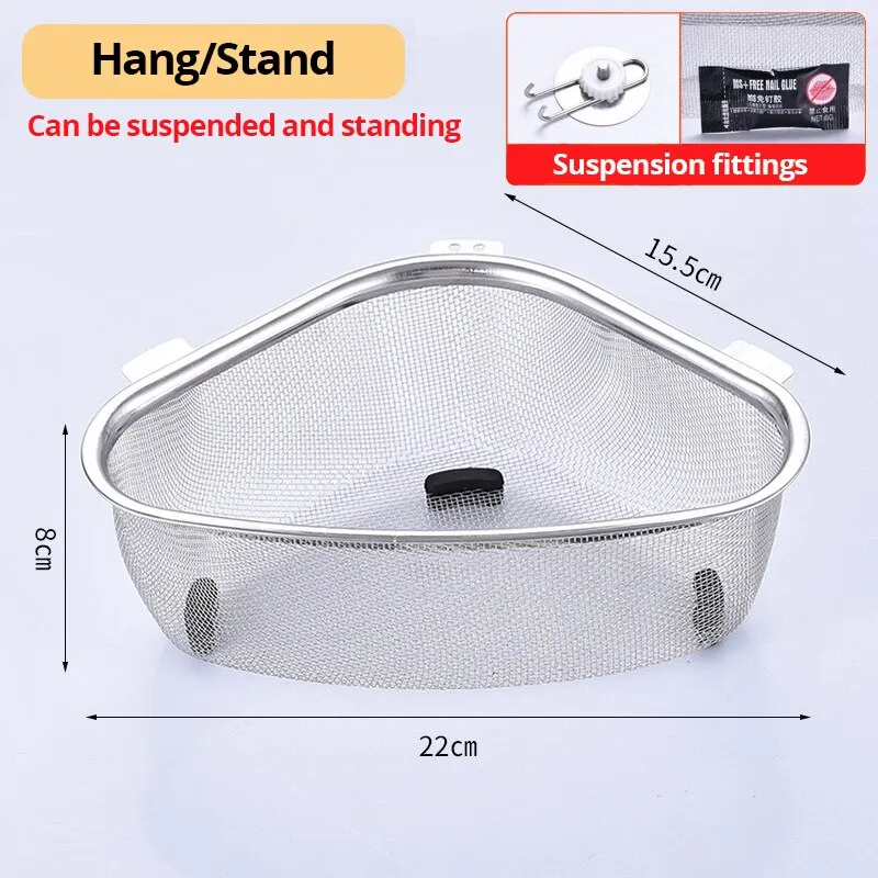 1pc Sink Triangle Drain Basket Stainless Steel Kitchen Residue Filter Net Basket Leakage Wash Vegetable Basket Storage Shelf