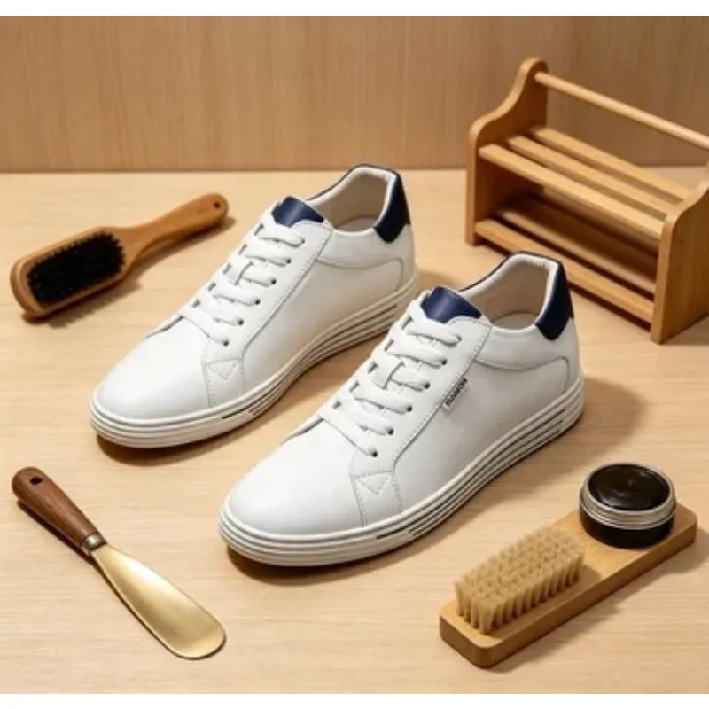 

2026 Men's Invisible Height Increasing Elevator Shoes -White Premium Leather Leather Lace-up Fashion Sneakers 6CM 8CM Taller