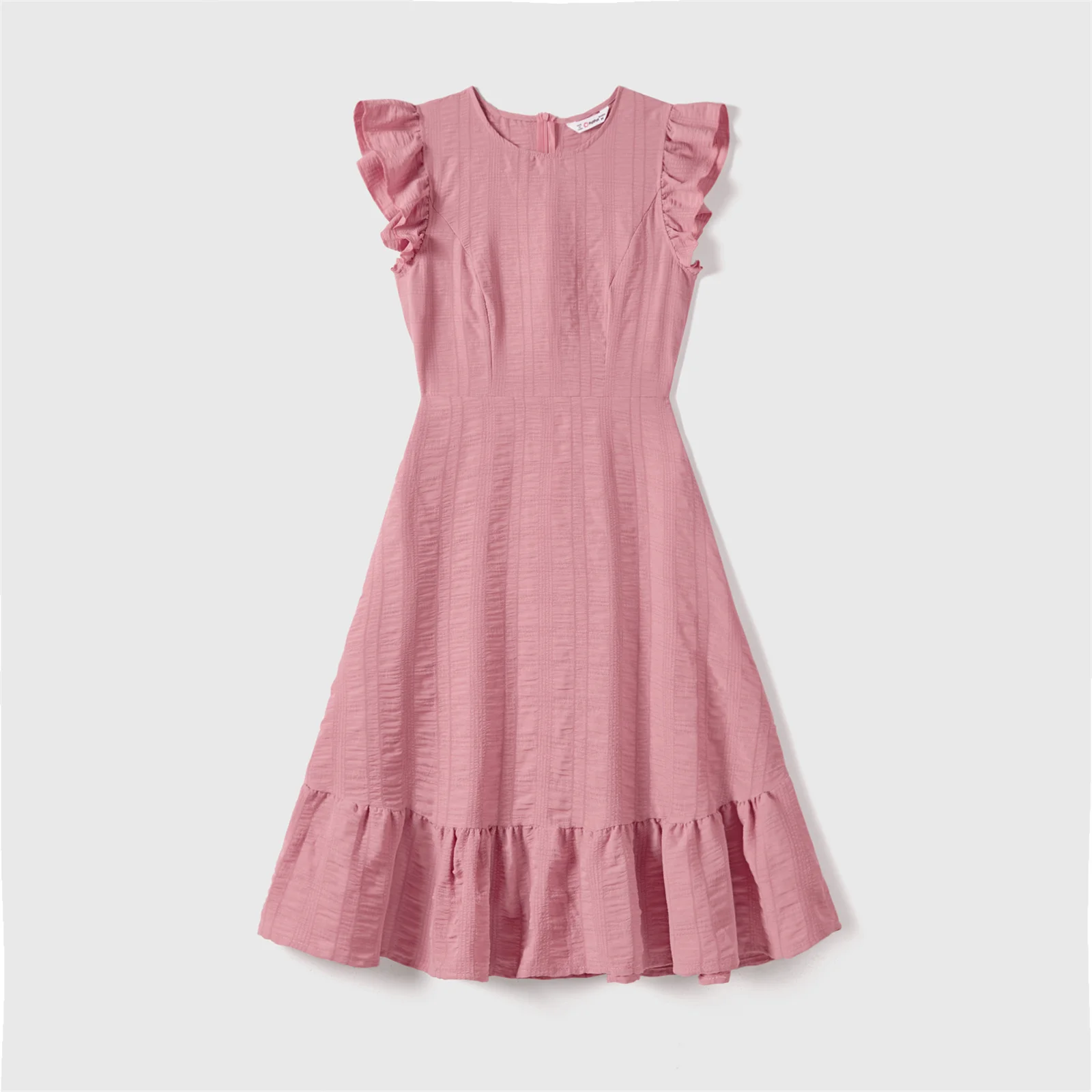 PatPat Family Matching Pink Ruffle-sleeve Texture Dresses and Color Block Short-sleeve T-shirts Sets