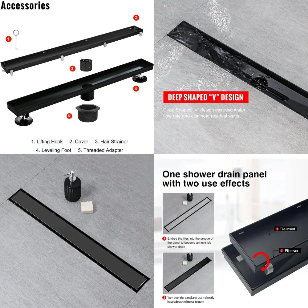 

24 Black Linear Shower Drain with Tile Insert, 2-in-1 Panel, AISI 304 Stainless Steel, Hair Strainer Included