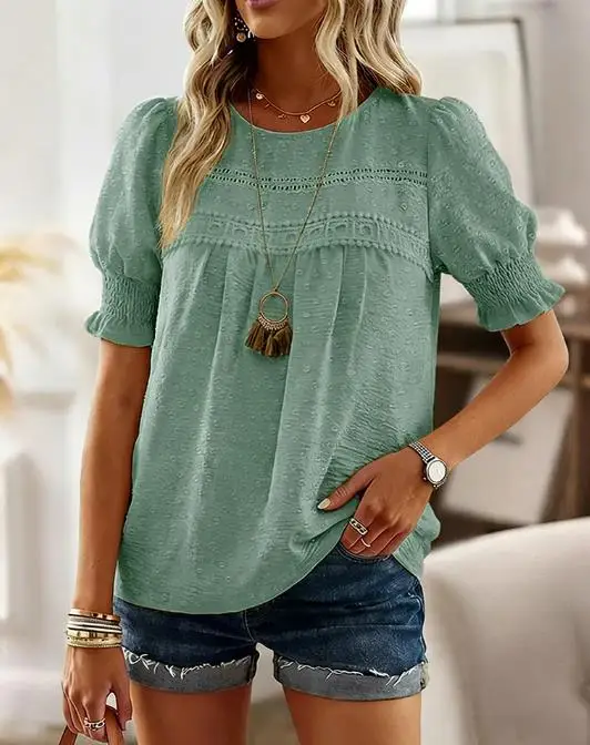 Camisa informal de gasa de verano para mujer con costuras simples de encaje con cuello redondo y diseño de Jacquard hueco, con mangas de burbuja