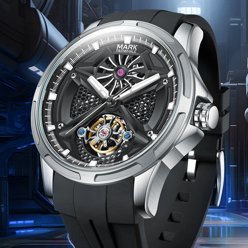 マークフェアホエールメンズ自動巻きトゥールビヨンウォッチスポーツラバーストラップ防水ファッション機械式時計