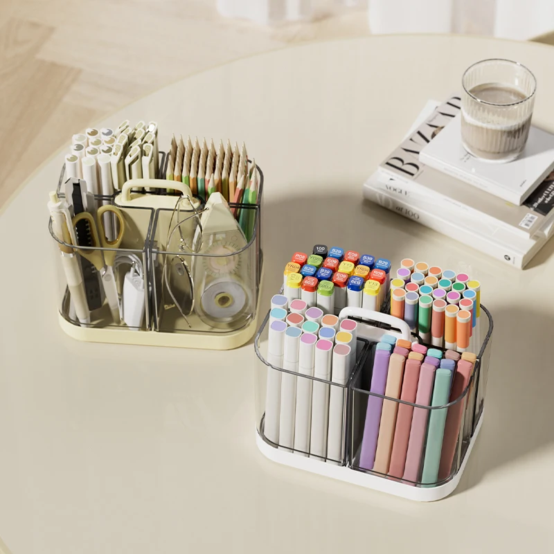 Portable Caddy with Handle, Stackable Pen Holder with 4 Compartments, Clear Pencil Organizer for Art Supplies, Crafts