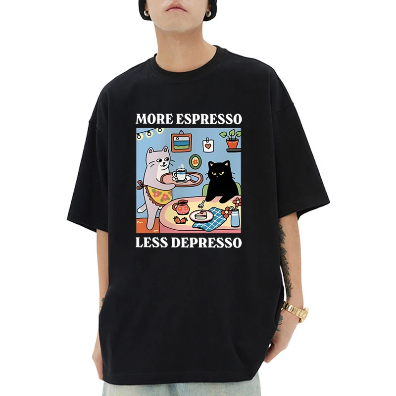 

Funny More Espresso Less Depresso Black Cat printed short sleeve T-shirts Men Women Summer Casual plus size tops Unisex vintage