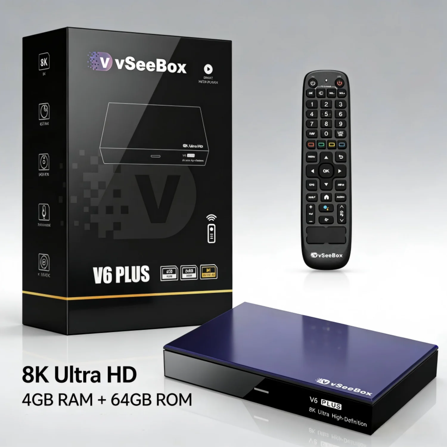 Vseebox V6 Plus Version Voice Control, 8K HDMI, Android 14, 4GB RAM, 64GB Storage
