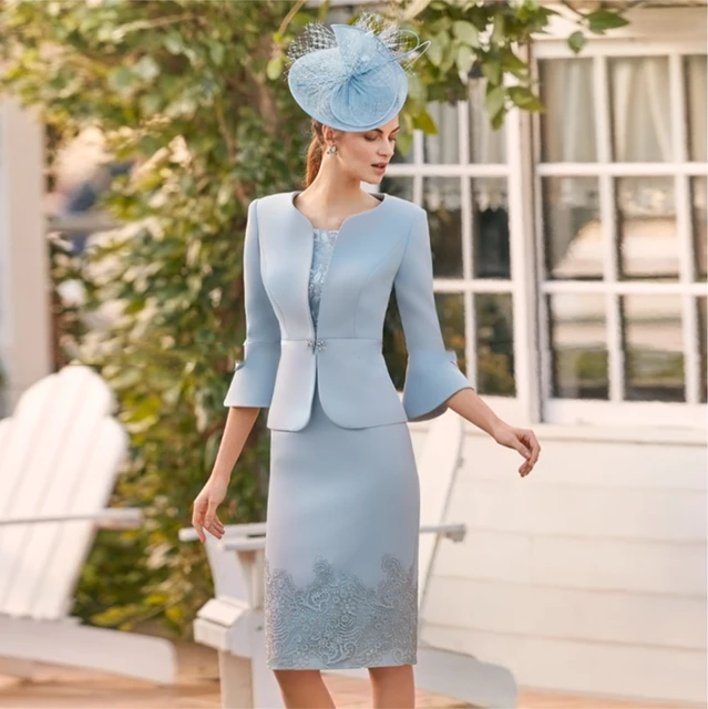 Squisiti 2 pezzi abiti per la madre della sposa per matrimonio scollo rotondo in pizzo blu con giacca abiti da ballo per feste corti al ginocchio AliExpress