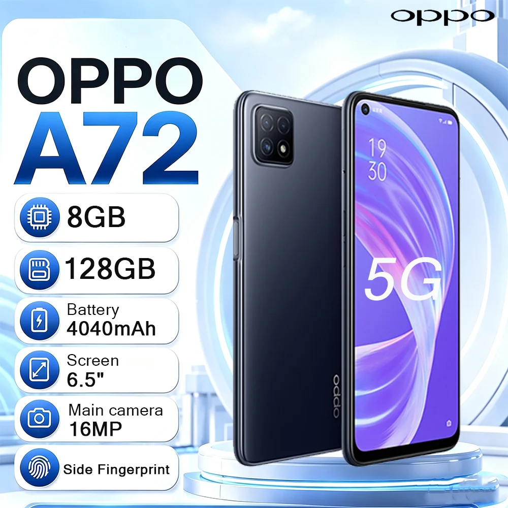 OPPO A72 5G Unlocked Mobile Phone 6.5 Inch Smooth Screen 8+128GB 4040mAh Big Battery 16MP Camera Dual SIM Smartphone
