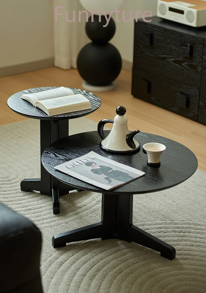 

Black solid wood combination table apartment sofa side table few living room corner few household black creative round