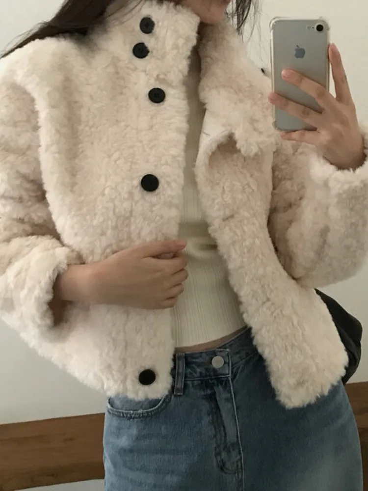 Chici الخريف الشتاء ort Thiened فرو الضأن Jaet الوقوف طوق الكورية Sle معطف المرأة للحرم الجامعي الشارع Sle السفر