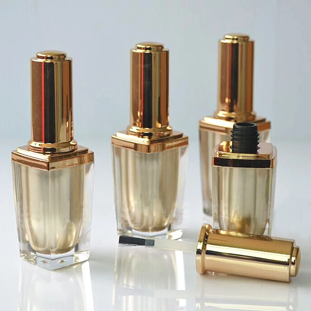 10ml capacity square shape gold color acrylic material nail polish bottle with brush and cap