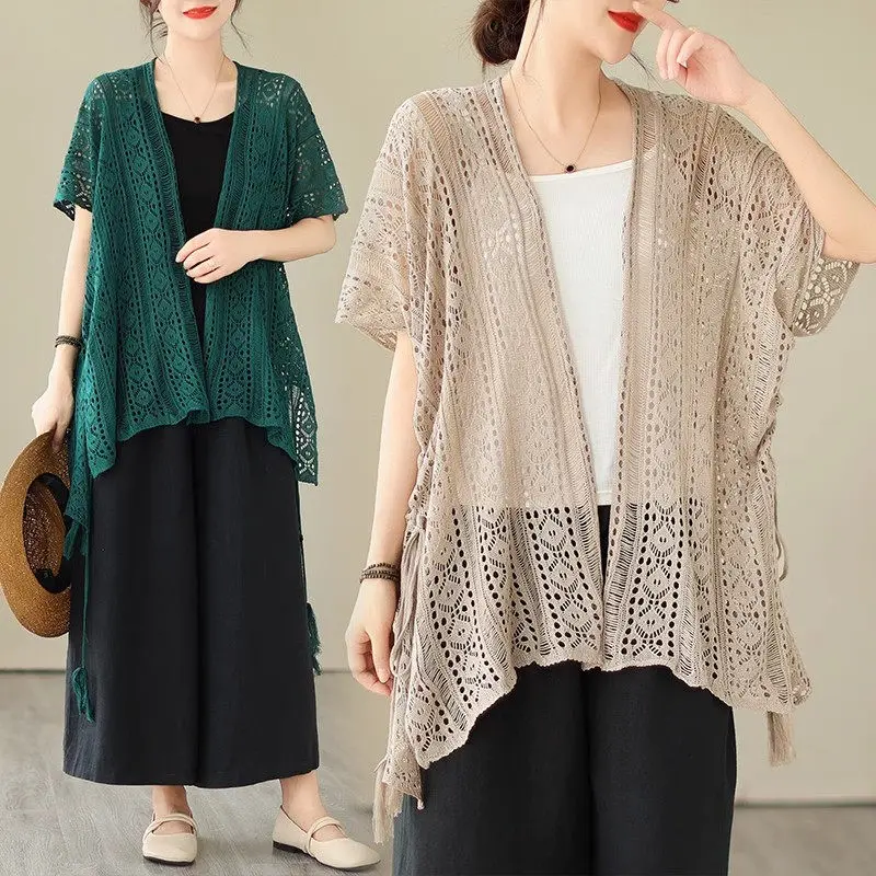 

2023 Oversized Women's Short Sleeved Knit Shirt Summer Artistic Versatile Hollowed Out Cardigan Shawl Outerwear Z1984