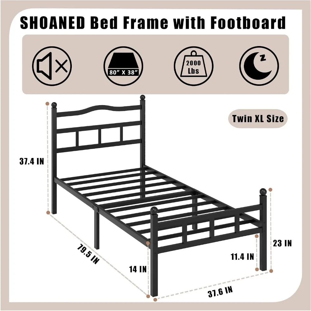 Twin XL Metal Bed Frame 14 Inch with Headboard Footboard, Heavy Duty Platform, No Box Spring Needed