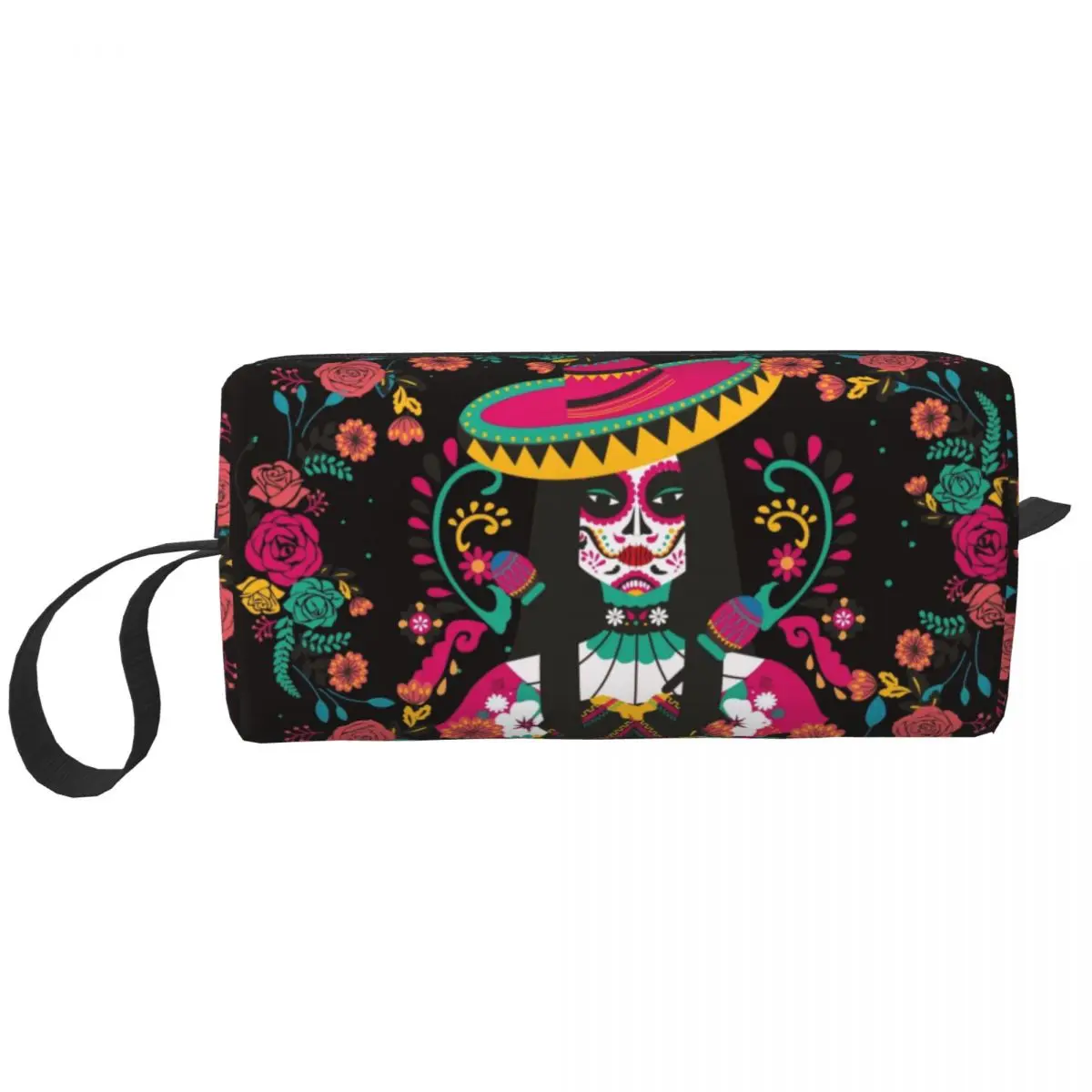 Fashion Awesome Mexican Skeleton With Flowers Travel Toiletry Bag Embroidery Colorful Makeup Cosmetic Beauty Storage Dopp Kit