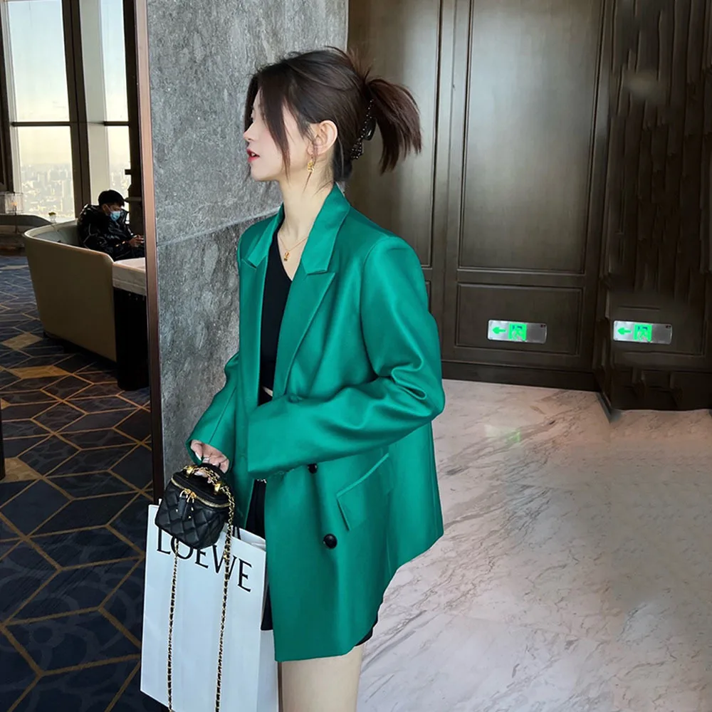 

high quality Women Green satin Blazer New Lapel Long Sleeve Loose Fit Jacket Fashion Tide Spring Autumn 2022