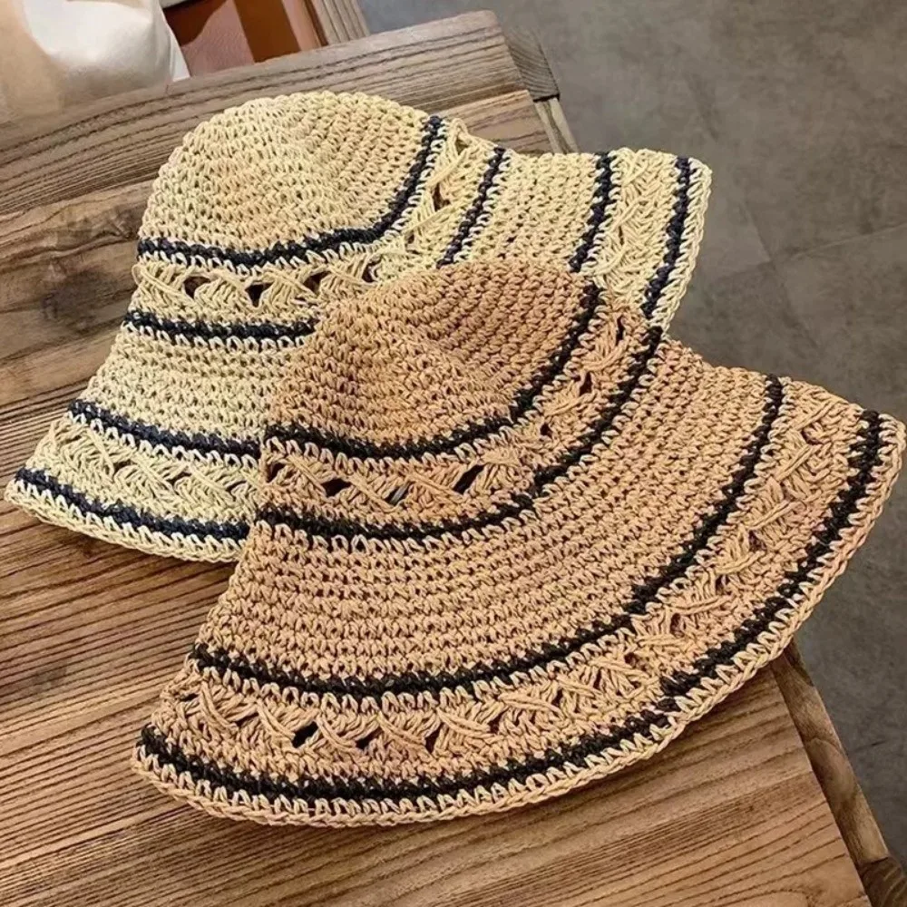 

Ins Handmade Straw Bucket Cap Summer Vacation Weave Crochet Hat Beach Hollow Fisherman Caps Outdoor
