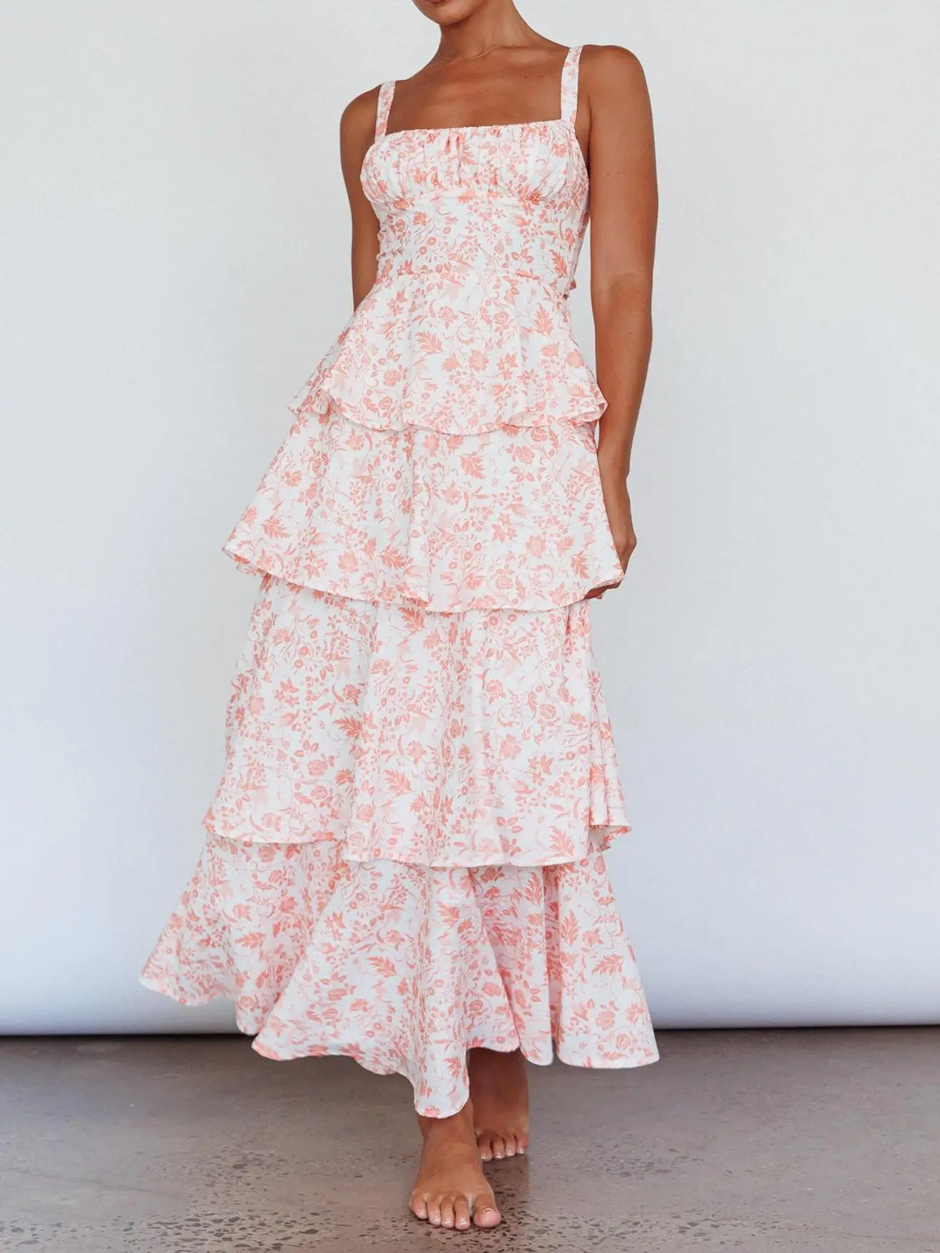 Feminino floral em camadas plissado vestido cinta de espaguete a linha vestido longo verão boêmio praia retro vestidos novas roupas estéticas