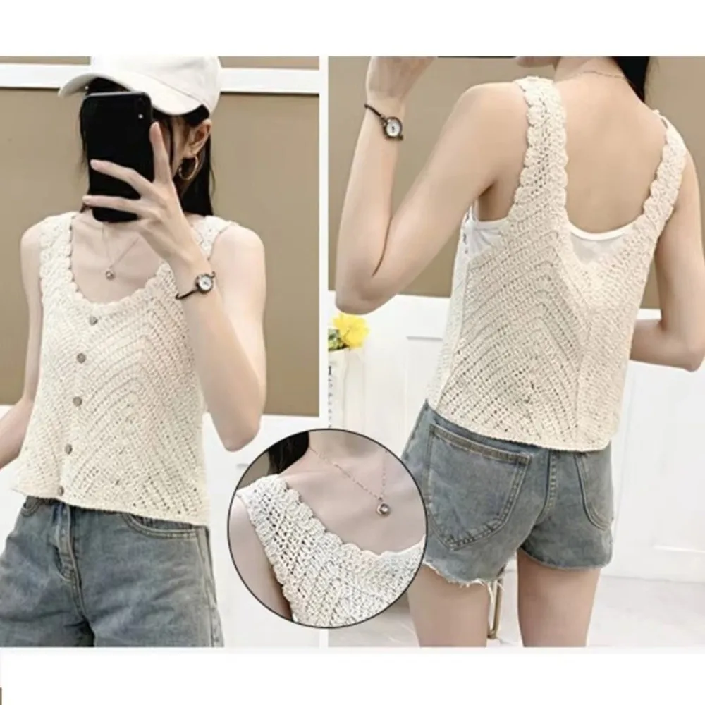 الهدايا بلون المرأة محبوك تانك القمم الجولة الرقبة مريحة الصيف الكروشيه بروتيل محبوك سترة سترة الجوف خارج حبال #3