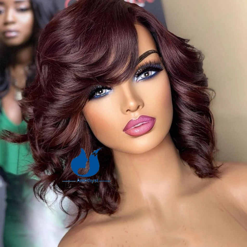 Amethyst 99J Wave 5.5x4.5 PU Silk Base Lace Closure Bob Wig Human Hair For  Women Remy Glueless Short Bob Wig Burgundy Color