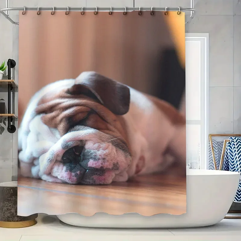 

Bathroom Decor Shower Curtain featuring a cute dog's nap scene with warm colors for home decor purposes This shower curtain adds