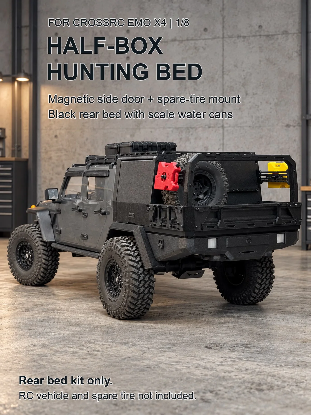 Hunting Half-Box Rear Bed for CROSSRC EMO X4 Big Leopard 1/8 RC Pickup, Magnetic Side Door, Spare Tire Rack, DIY or Preassembled