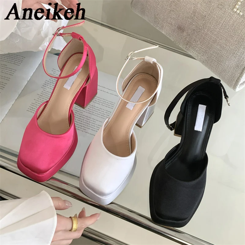 Aneikeh2024 Elegant Sexy Silk Mary Janes High Heels Women Platform Square Head Thick Heel Buckle Strap Single Shoe Wedding Dress