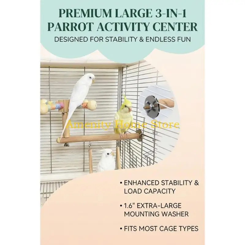F26C Wooden Bird Cage Platform Perch for Small and Parrots, 360 Rotating Perch Stand with Hanging Swing, Cage Toy for Enrichment