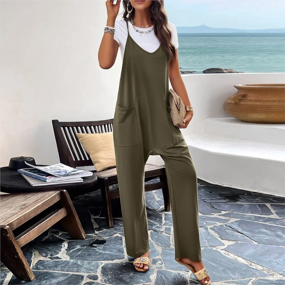 

Women Strap Loose Jumpsuit Summer Street Solid Color Sleeveless V-Neck Romper Casual Suspender Comfy Overalls Pants With Pockets