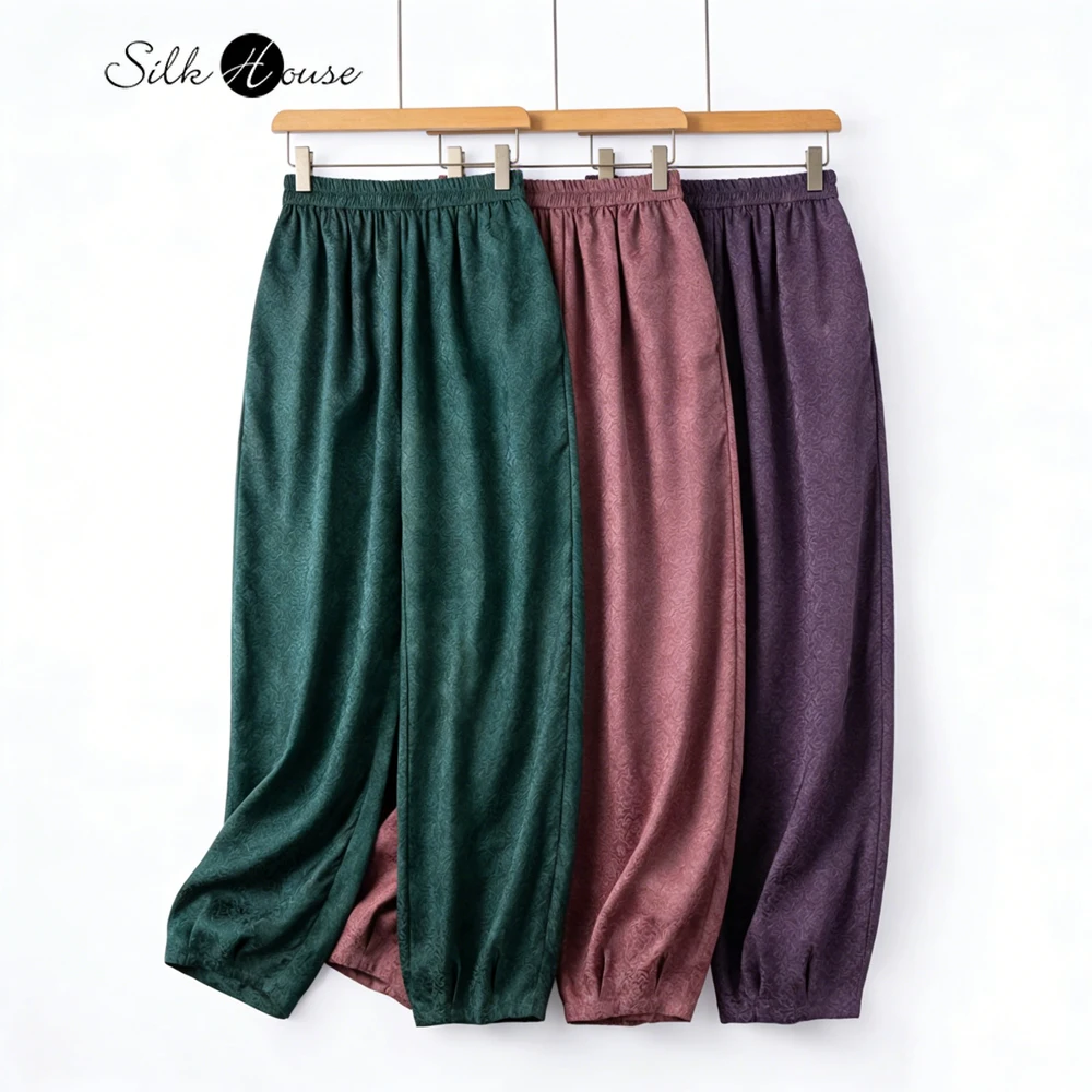 

Женские модные брюки-шаровары из 100% натурального шелка тутового шелкопряда, окрашенного травяными красителями, с жаккардовым атласом Гуандун и эластичным поясом