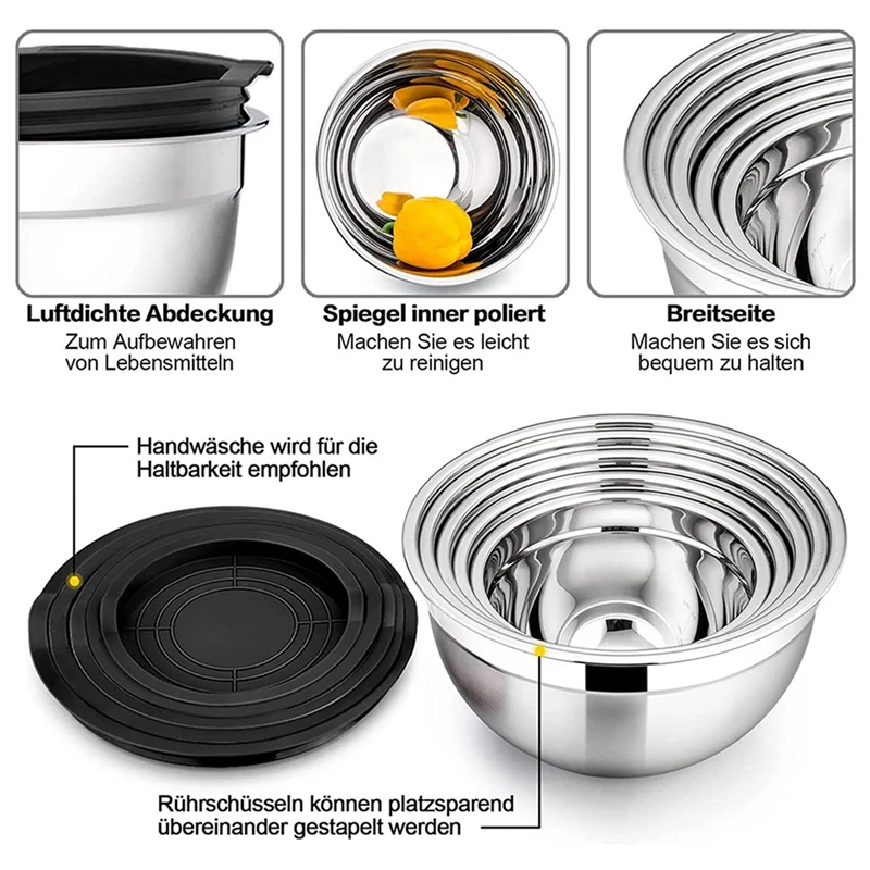 Tigela de aço inoxidável com tampa hermética, saladeira empilhável, tigela de servir para cozinha, cozinhar e assar, 15 PCs