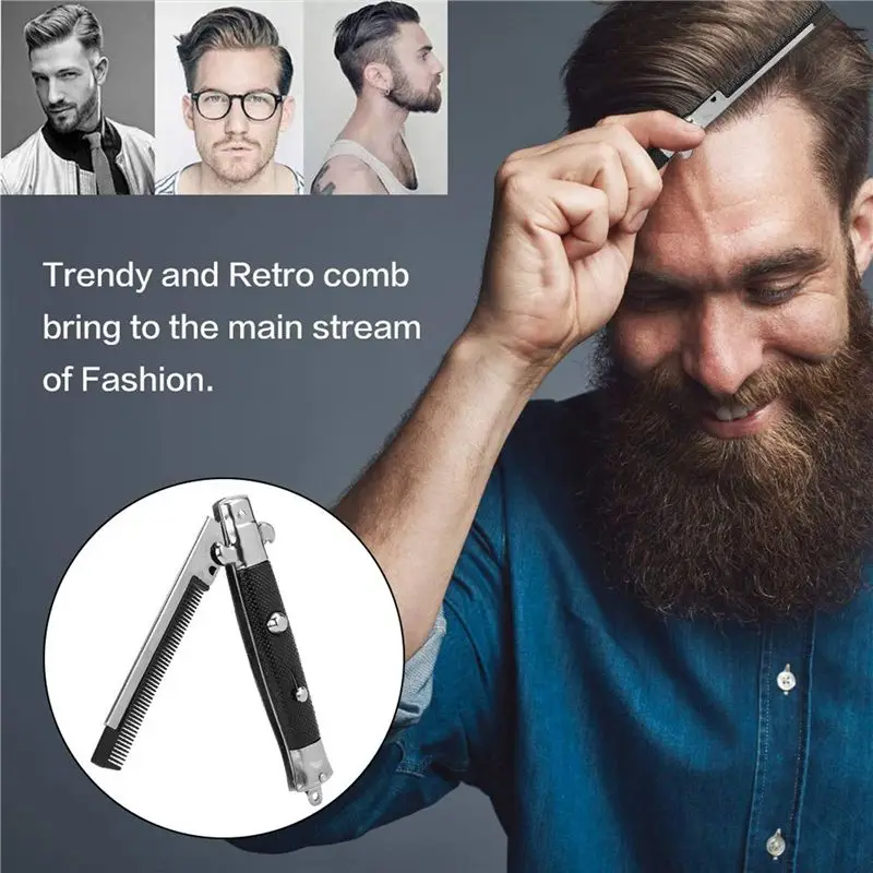 FLYY-2X Edelstahl Haar- und Bartkamm, faltbar, Haarstyling-Werkzeug, Kombi-Taschenkamm mit langem, rundem Griff – Detail 6