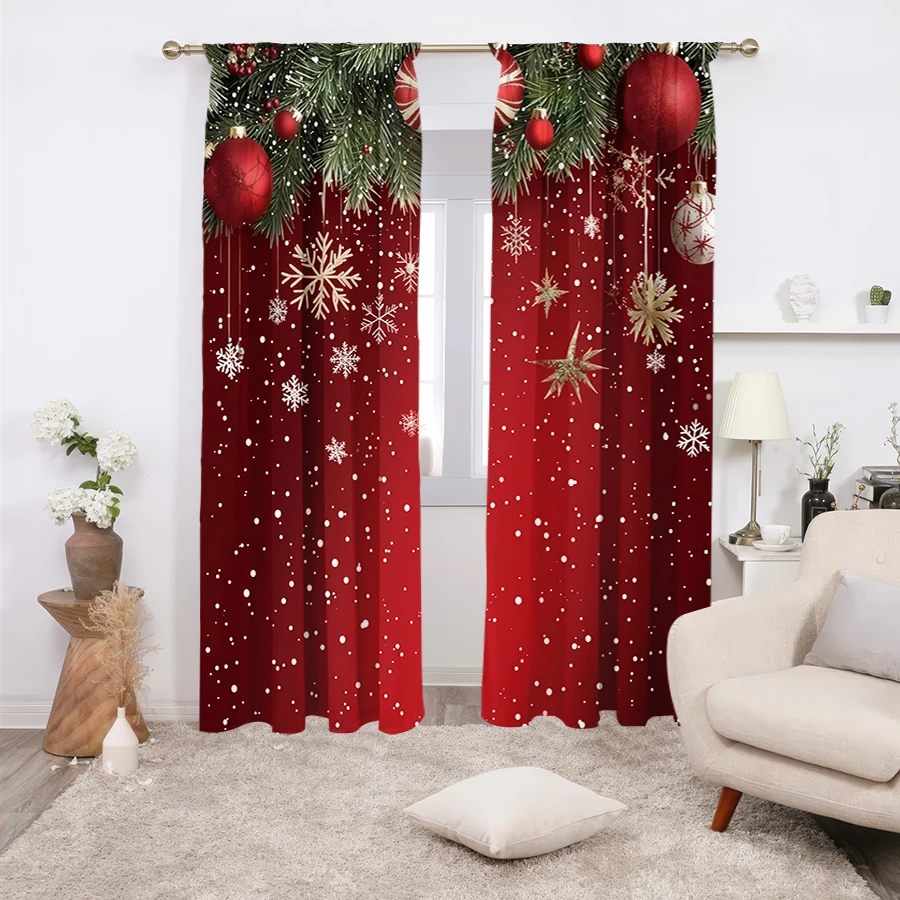 2PCS Pine Branch Red Ball Curtains, Christmas Holiday Print, Winter Festive Window Drapes for Living Room Bedroom Decor