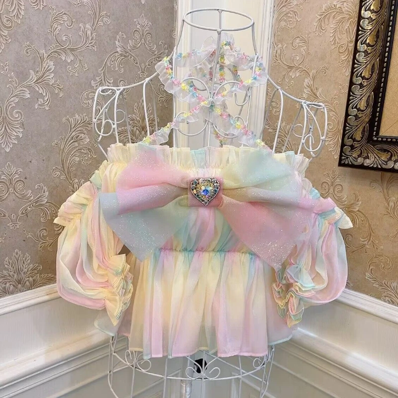 Beautiful Girl Rainbow Gradient Color Shiny Bow Love Diamond Puff Sleeve Halter Short Top Summer Womens Tops and Blouses