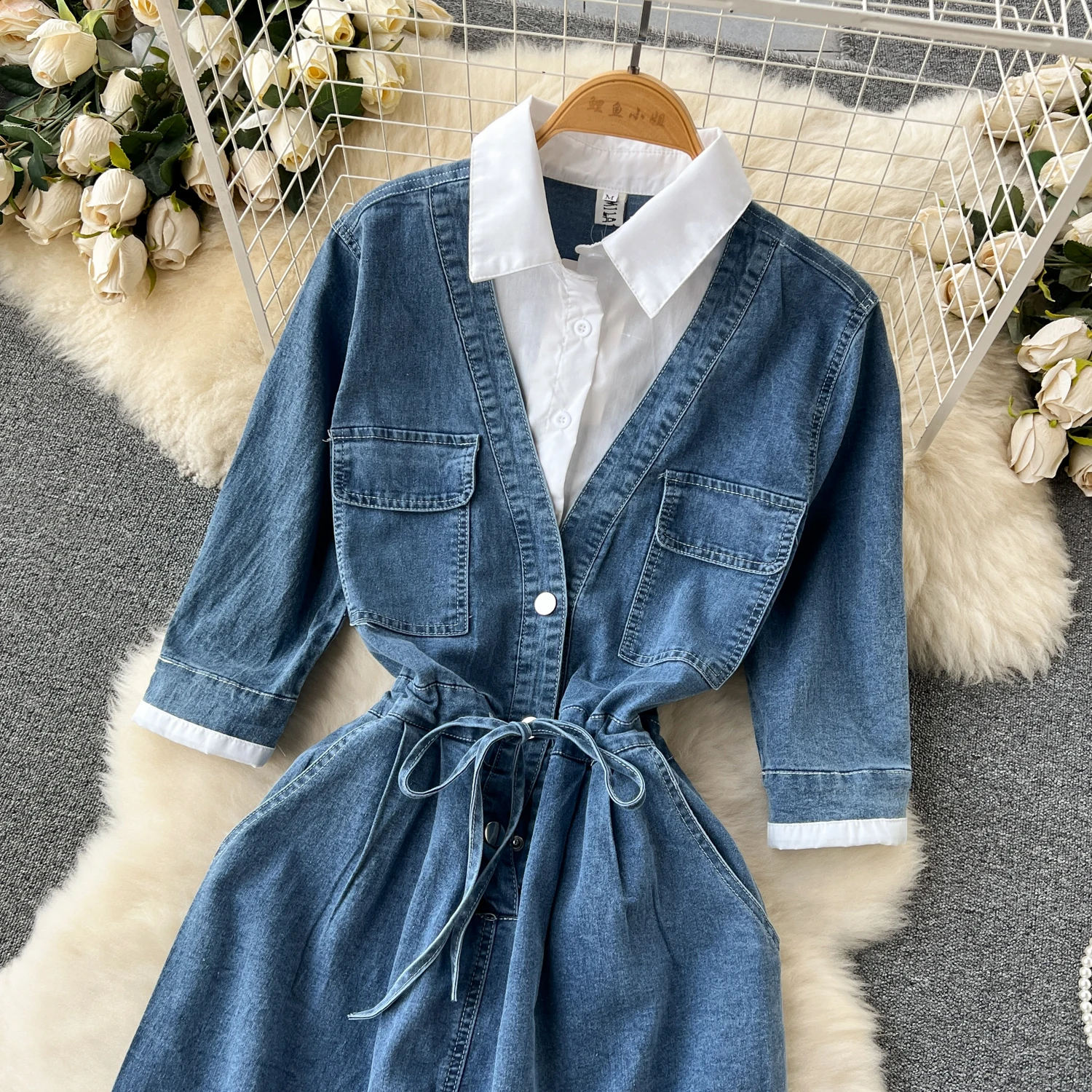 White Lapel Shirt Patchwork Denim Dress Women Half Sleeve Drawstring Fake Two Pieces Dress Chic Elegant Slim Dress