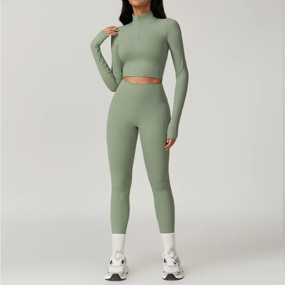 

Women Clothes Yoga Set 2 Pieces Workout Sportswear Gym Clothing Fitness Long Sleeve Crop Top High Waist Leggings Sports Suits