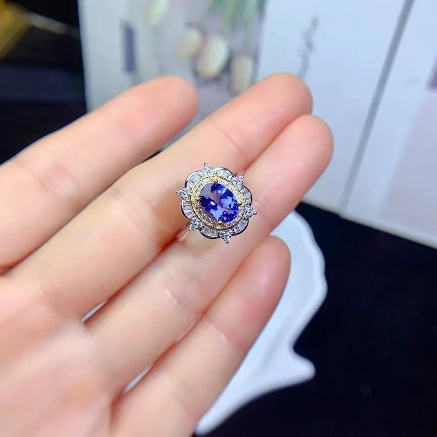 Natural Tanzanite Ring VVS Grade  for Party 6mm*8mm Tanzanite 925 Silver Ring with 3 Layers 18K Gold Plated Woman Birthday Gift