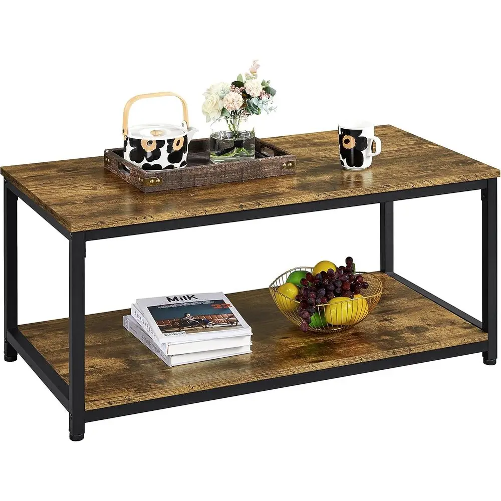 

Industrial Style 2-Tier Wooden Coffee Table with Storage Shelf for Living Room and Rustic Brown Finish