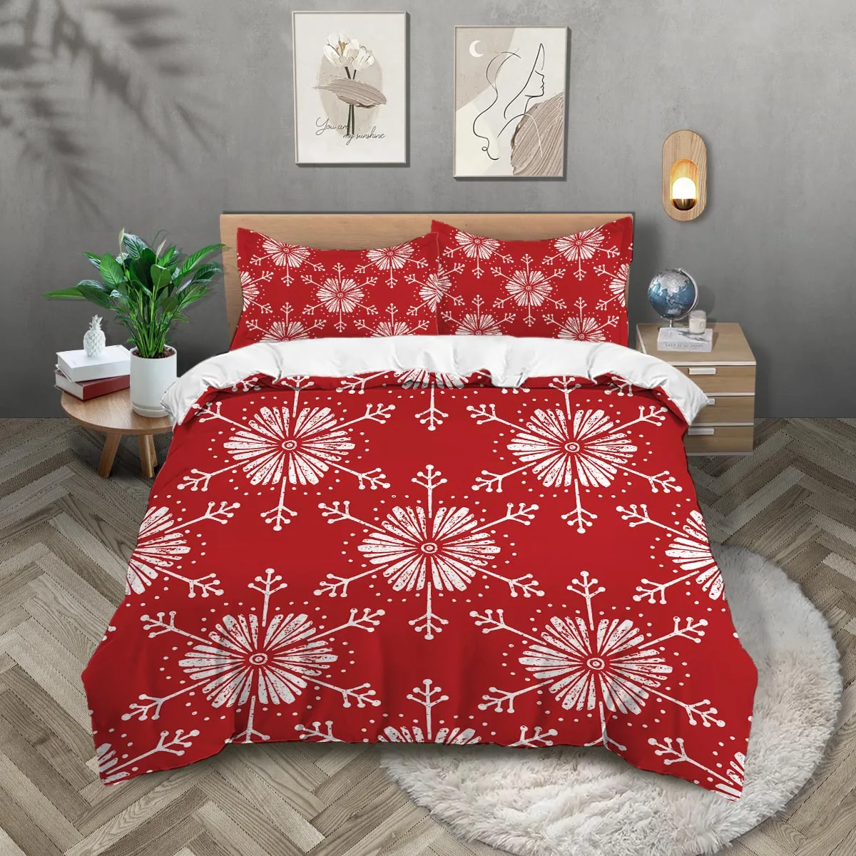 

3pcs Christmas Red Snowflake Print Chipless Bedding Set, Soft and Comfortable, Multi Size Dormitory Bedroom, Machine Washable