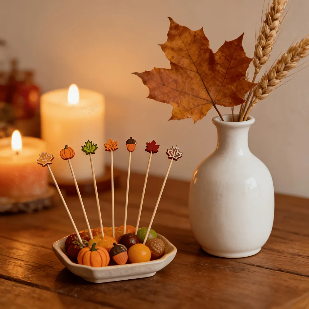 Fall Maple Leaf Fruit Picks 100Pcs Autumn Pumpkin Acorn Bamboo Cocktail Picks Party Food Decor