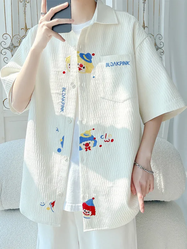

Summer Trendy Brand Men's Loose Fit Short Sleeve Embroidered Shirt Casual Outerwear Cotton Polyester Blend Vintage Style
