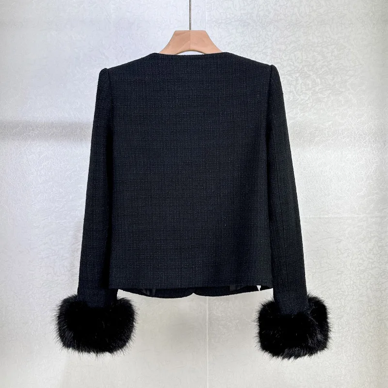 Autunno Inverno Nero Fragranza di alta qualità a maniche lunghe impiombata ​ ​ giacca in pelliccia finta Giacca corta da donna in tweed caldo moda donna