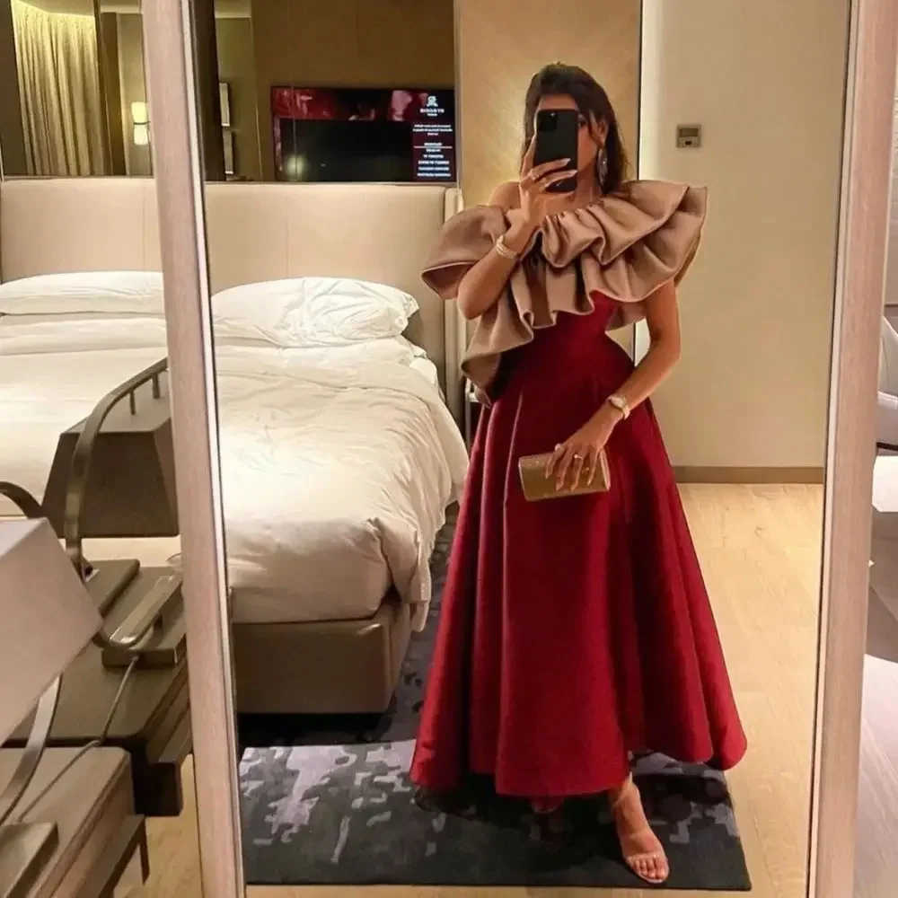 Customized Prom Dresses Fashion Asymmetrical One-Shoulder A-line Party Dress Ankle Length Off the Shoulder Taffeta Formal Evenin