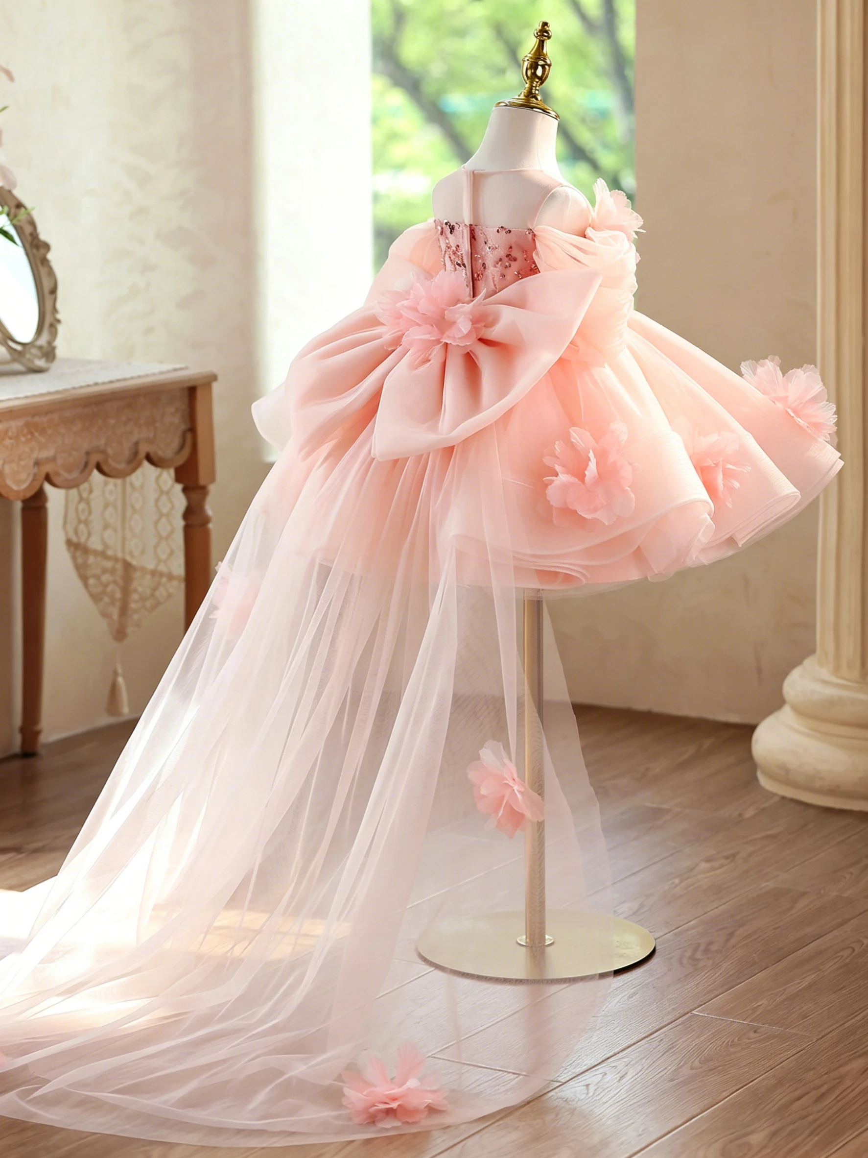 Pink Flower Girl Wedding Dress Luxurious Girls Birthday Party Evening Gown Sparkling Rhinestone Formal Dress Elegant Long Dress
