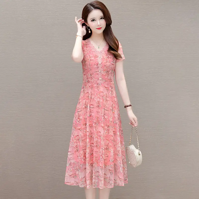 

Women's Printed Dress Summer 2024 New Short Sleeved Middle-aged Mother Decoration Slimming Body Mid Length kirt A-line Skirt