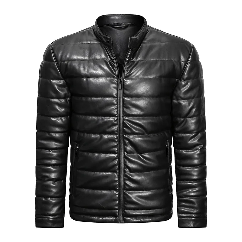 Autumn And Winter PU Leather Cotton Jacket, Black Standing Collar, Down Cotton Jacket, Motorcycle Jacket, Men\'s Jacket,