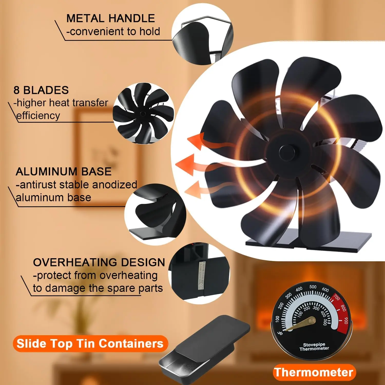 Heat-Powered Wood Stove Fan, 8-Blade Fireplace Fan with Thermometer & Aroma Pod
