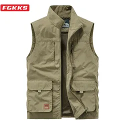 FGKKS Men's Leisure Vest Solid Color Tooling Style Waistcoat Thin Fishing Hiking Multi-Pocket Casual Loose Vest for Men