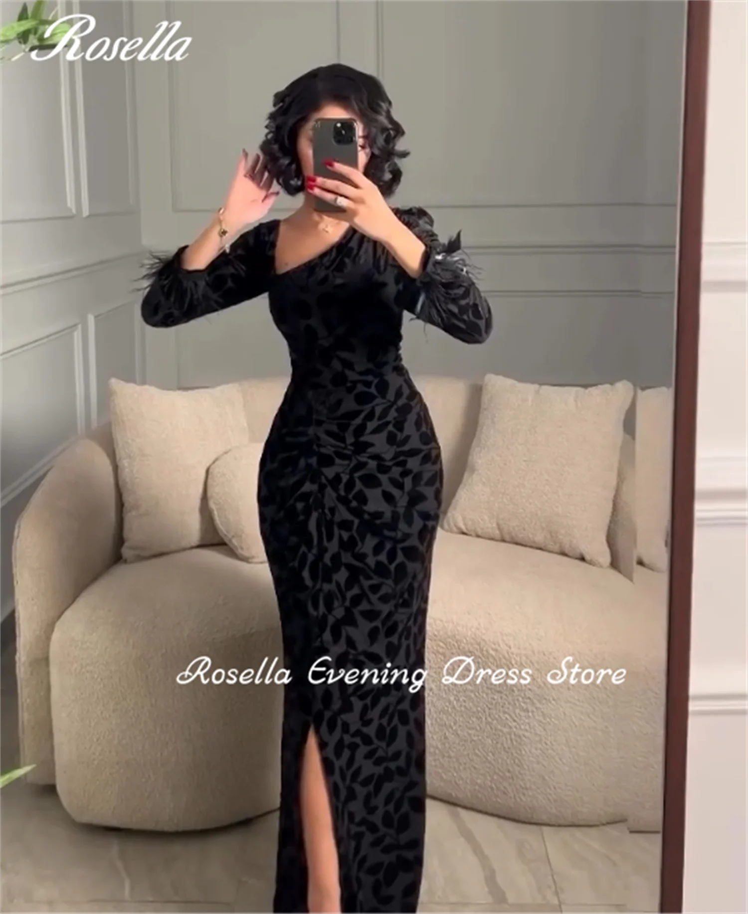 ROSELLA Blacke Asymmetrical Evening Dresses with Leaves Pattern Ankle Length Mermaid Evening Dress with Side Slit New 2024