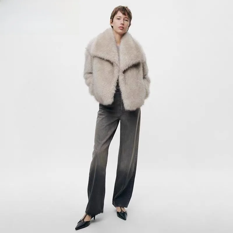 

Осень 2023, женское пальто с воротником из искусственного меха, модная повседневная верхняя одежда оверсайз Long Sve Sweet Sle Thiened