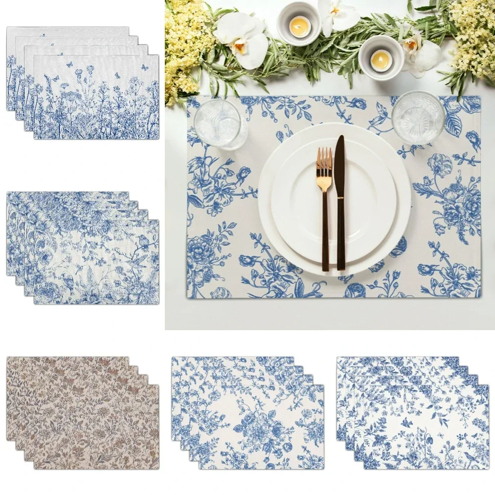 Blue Floral Placemats Flower Blue NonSlip Heat Resistant Place Mats Spring Summer Linen Table Mat for Kitchen Dining Party Decor