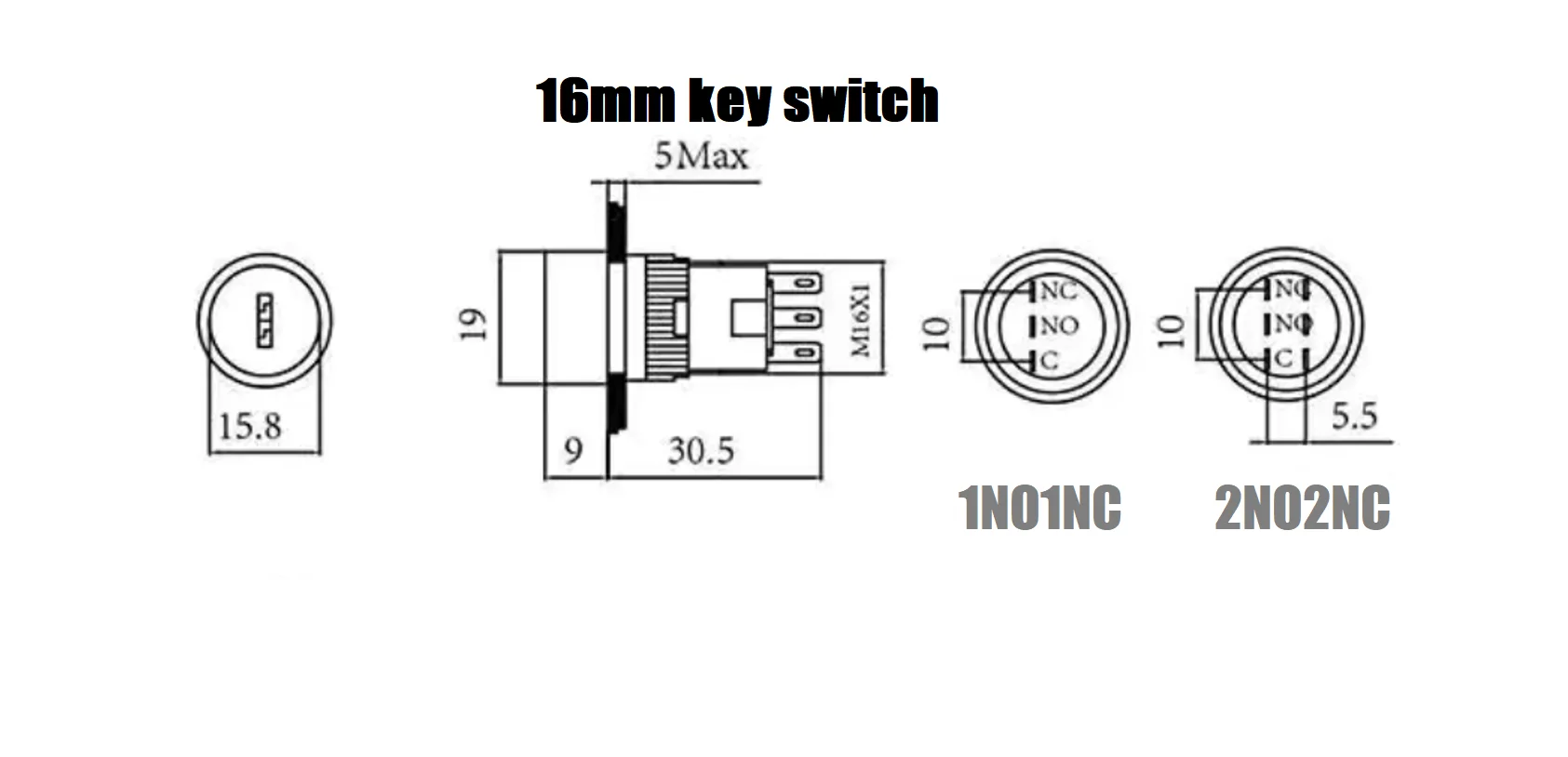 16mm Lock Switch 2NO2NC 3Position Stainless Metal Switch With Keys IP66 250V 5A ON OFF ON KS Electrical Key Rotary Switch